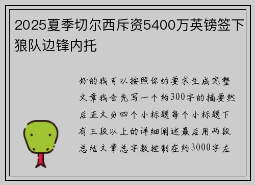 2025夏季切尔西斥资5400万英镑签下狼队边锋内托 2025夏季切尔西斥资5400万英镑签下狼队边锋内托