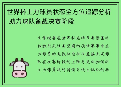 世界杯主力球员状态全方位追踪分析 助力球队备战决赛阶段