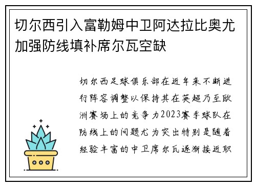 切尔西引入富勒姆中卫阿达拉比奥尤加强防线填补席尔瓦空缺