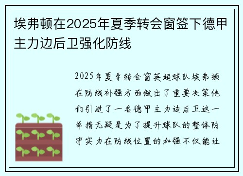 埃弗顿在2025年夏季转会窗签下德甲主力边后卫强化防线 埃弗顿在2025年夏季转会窗签下德甲主力边后卫强化防线