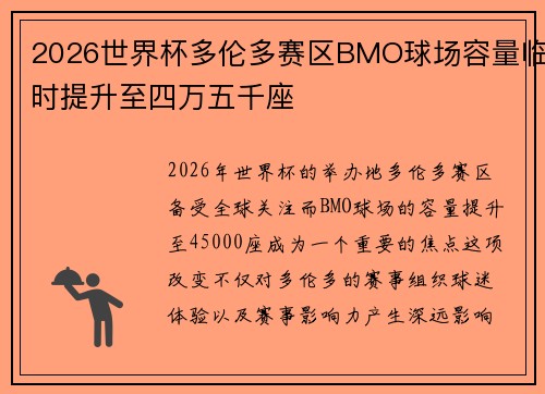 2026世界杯多伦多赛区BMO球场容量临时提升至四万五千座 2026世界杯多伦多赛区BMO球场容量临时提升至四万五千座